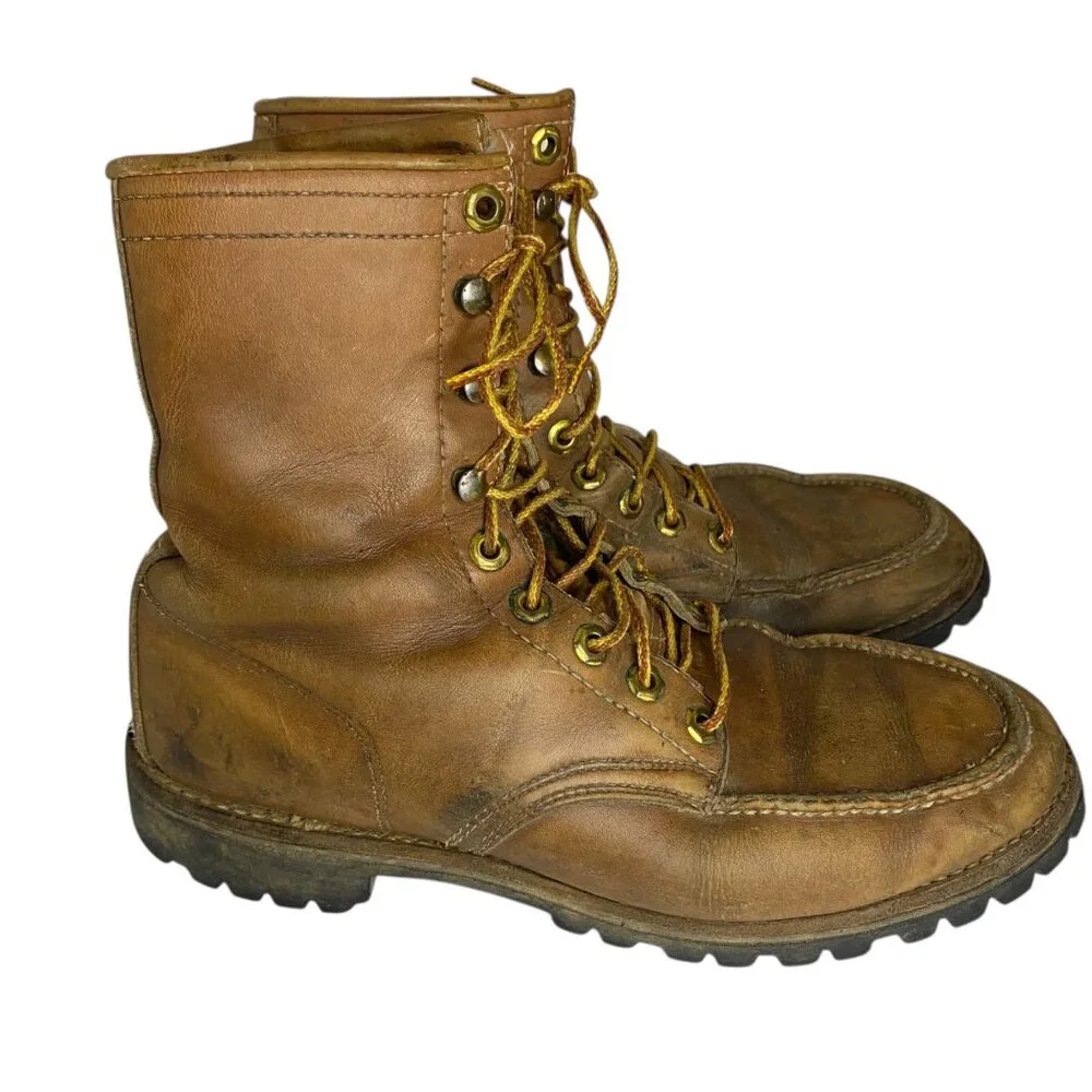 Vintage Herman Leather Work Boots Brown Lace-Up Men‎ Vibram Lug Sole 7-7.5 USA